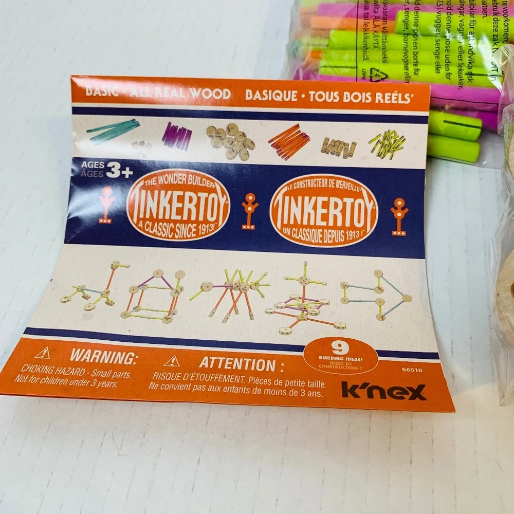 K'nex Tinkertoy 65 Pieces Complete Wood NEW Building Toy Boys Girls Unisex